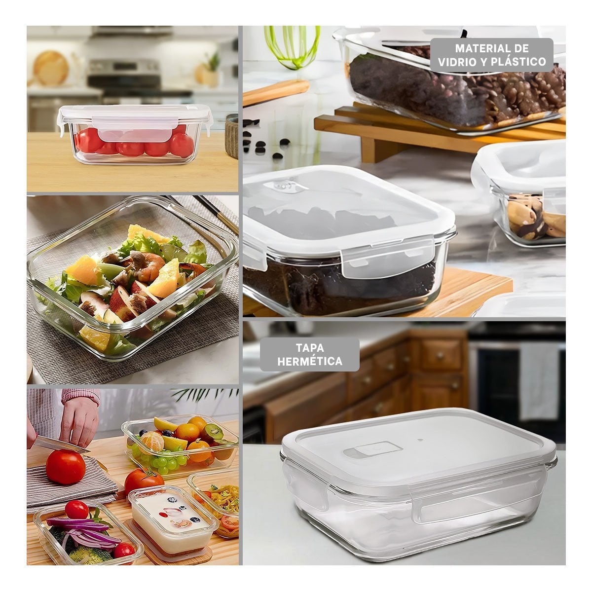 PACK6 RECIPIENTE TRANSPARENTE DE VIDRIO CON TAPA 1040ML PARA COCINA Y+PAPEL REGALO - 3