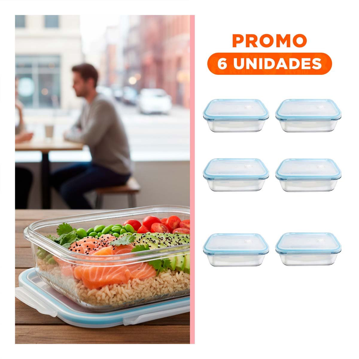 PACK6 CONTENEDOR COCINA VIDRIO 1040ML CON TAPA TRANSPARENTE LINEA CELESTE - 1