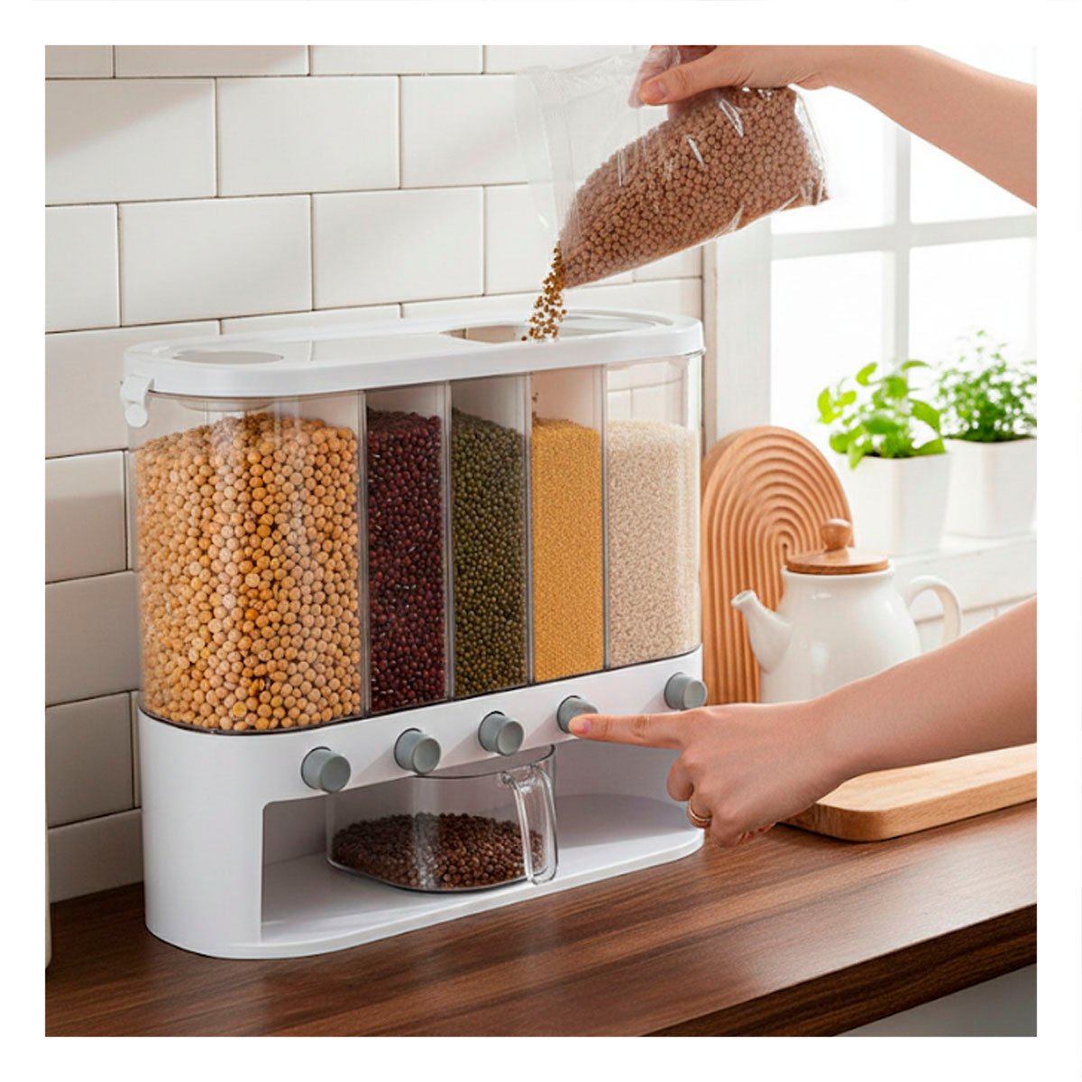 PACK2 DISPENSADOR DE GRANOS BLANCO Y TRANSPARENTE OVALADO 10L PARA ESPACIOS DE COCINA - 2