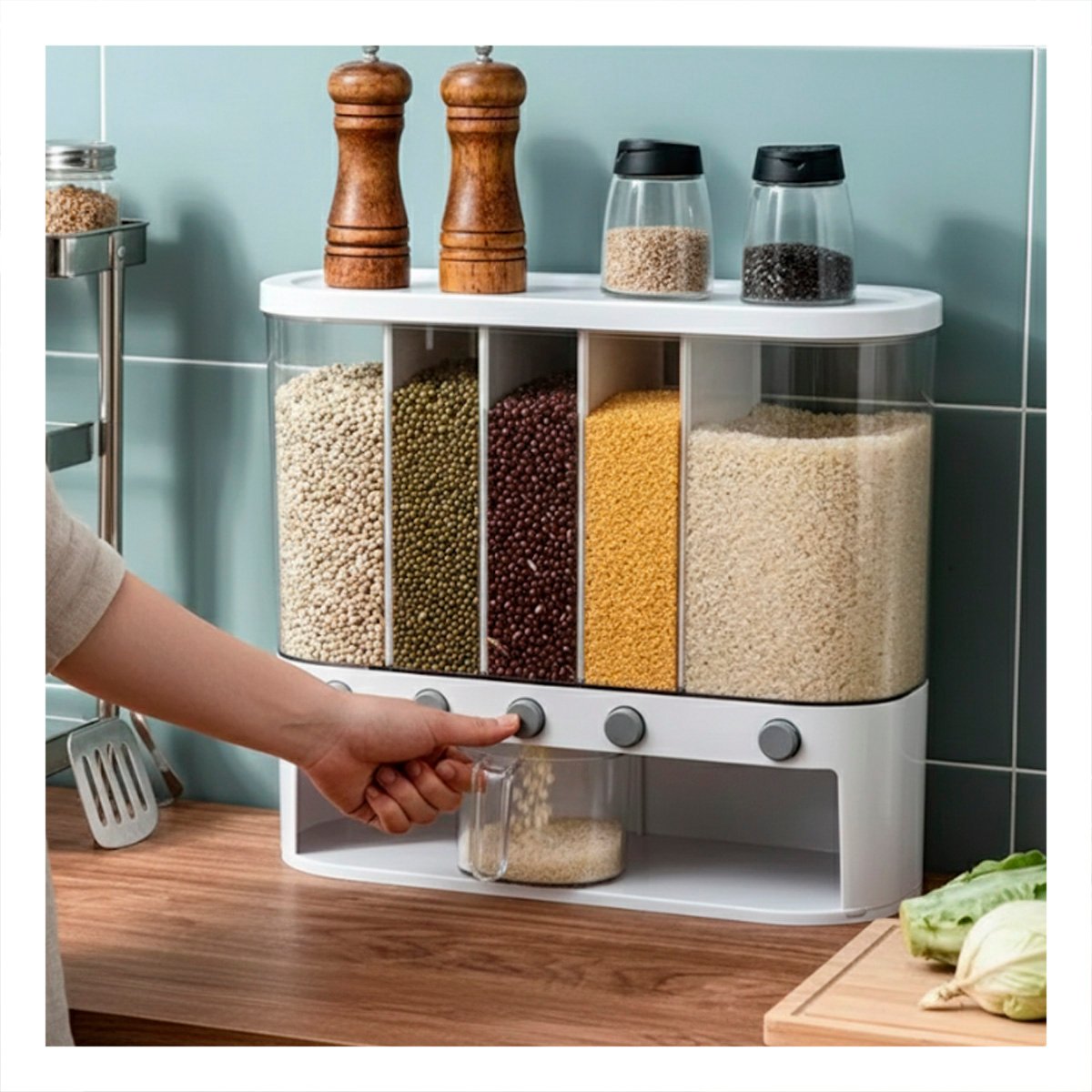 PACK2 DISPENSADOR DE GRANOS BLANCO Y TRANSPARENTE OVALADO 10L PARA ESPACIOS DE COCINA - 3