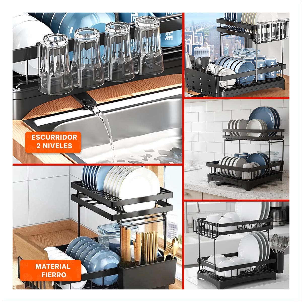 ORGANIZADOR NEGRO 2 NIVELES 42X30X32CM CON ESPACIO PARA PLATOS, VASOS Y UTENSILIOS - 5
