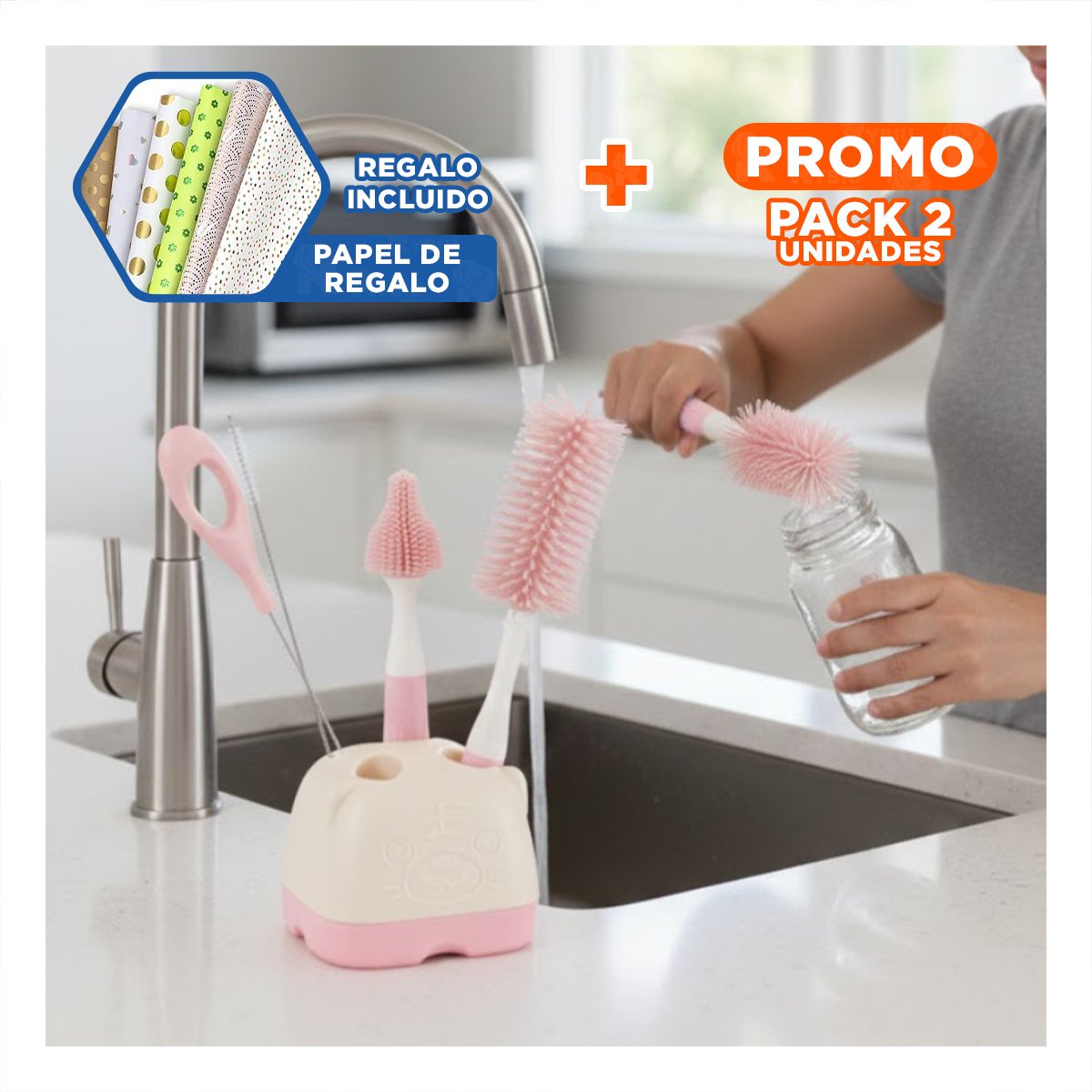 PACK2 BROCHA DELICADA QUE PROTEGE TETINAS 4PZS BASE OSITO ROSADO Y+PAPEL REGALO - 1