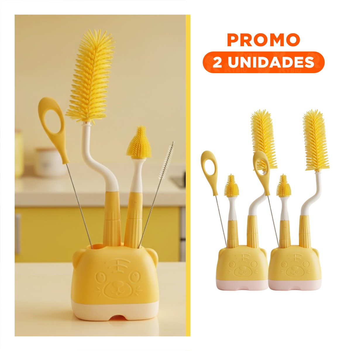 PACK2 PINCEL DE LIMPIEZA 4PZS AMARILLO BASE OSITO MANTIENE BIBERONES Y TETINAS HIGIENICOS - 1
