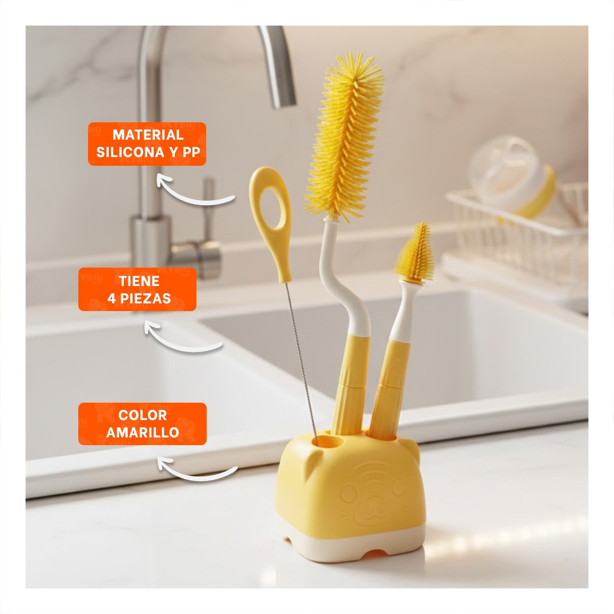 PACK2 PINCEL DE LIMPIEZA 4PZS AMARILLO BASE OSITO MANTIENE BIBERONES Y TETINAS HIGIENICOS - 5