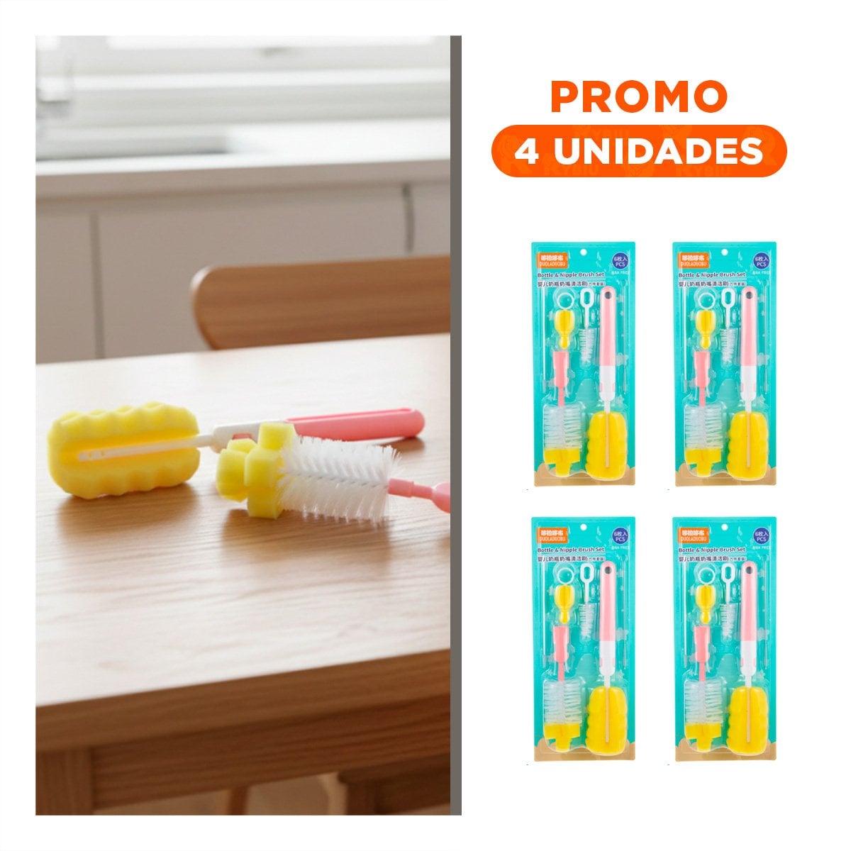 PACK4 ESPATULA QUE RETIRA RESTOS DE LECHE DE BIBERONES 6PZS BASE ROSADO Y+REGALO STICKER - 1