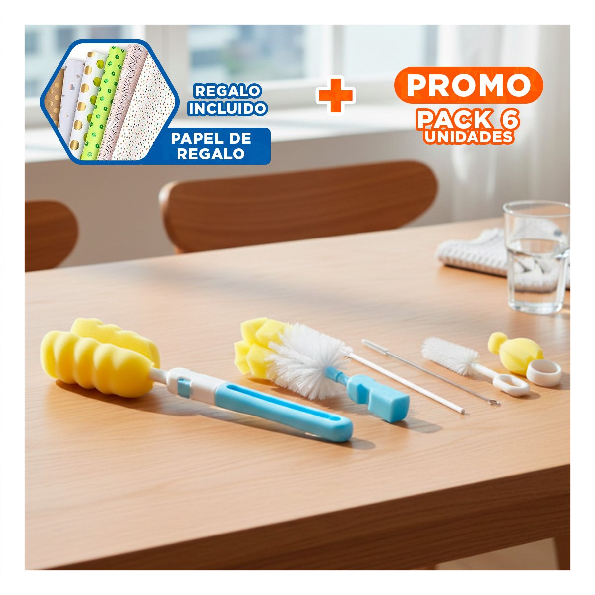 PACK6 RASQUETA CON BASE QUE FACILITA LIMPIEZA RAPIDA 6PZS BASE CELESTE Y+PAPEL REGALO - 1