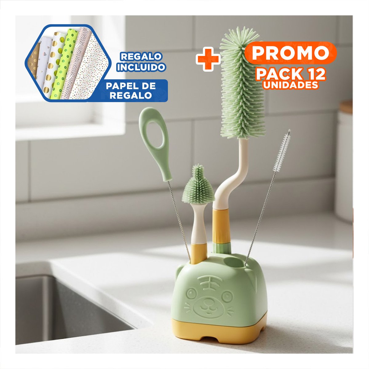 PACK12 UTENSILIOS PARA BEBE 4 PZS VERDE BASE OSITO PARA USO DIARIO DE BIBERONES Y+PAPEL REGALO - 1
