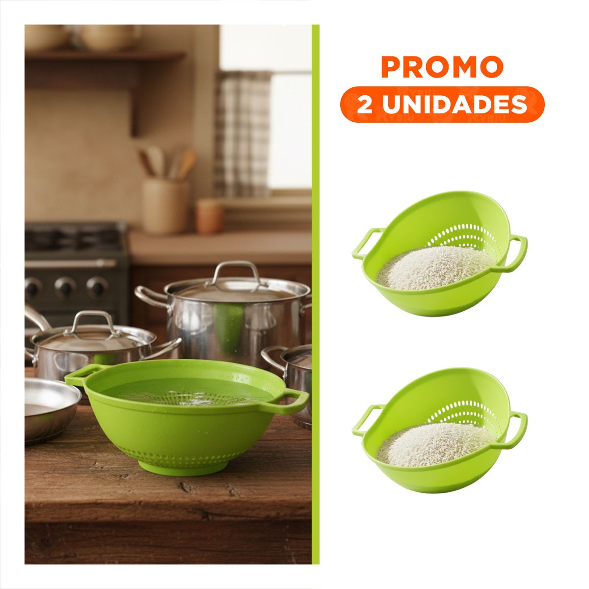 PACK2 CONTENEDOR FILTRANTE VERDE PARA ARROZ CON ASAS 22,5X26,5CM COCINA HOGAR LIGERO - 1