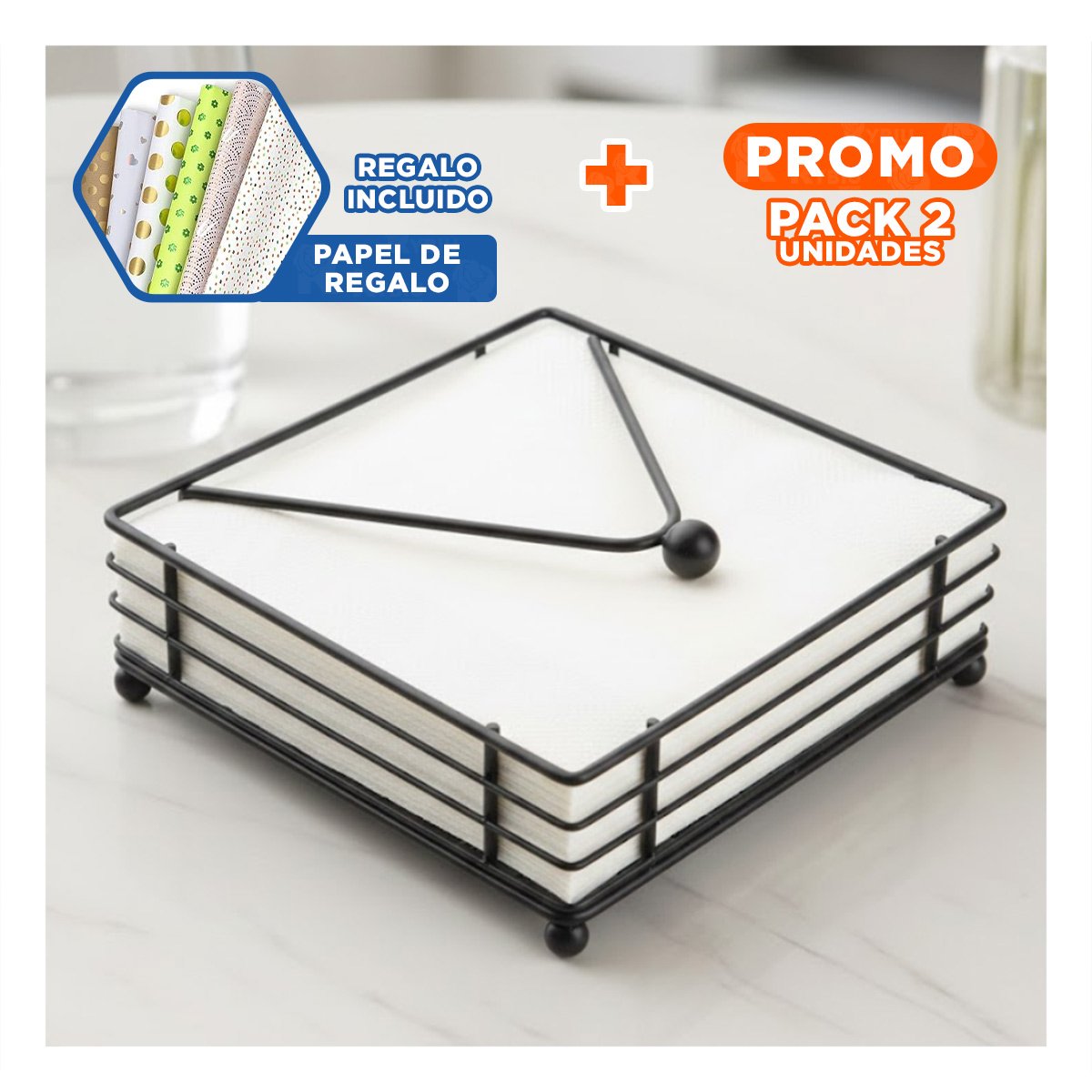 PACK2 SERVILLETERO VERTICAL COLOR NEGRO CON SOPORTE DE HIERRO Y BRAZO AJUSTADO Y+PAPEL REGALO - 1