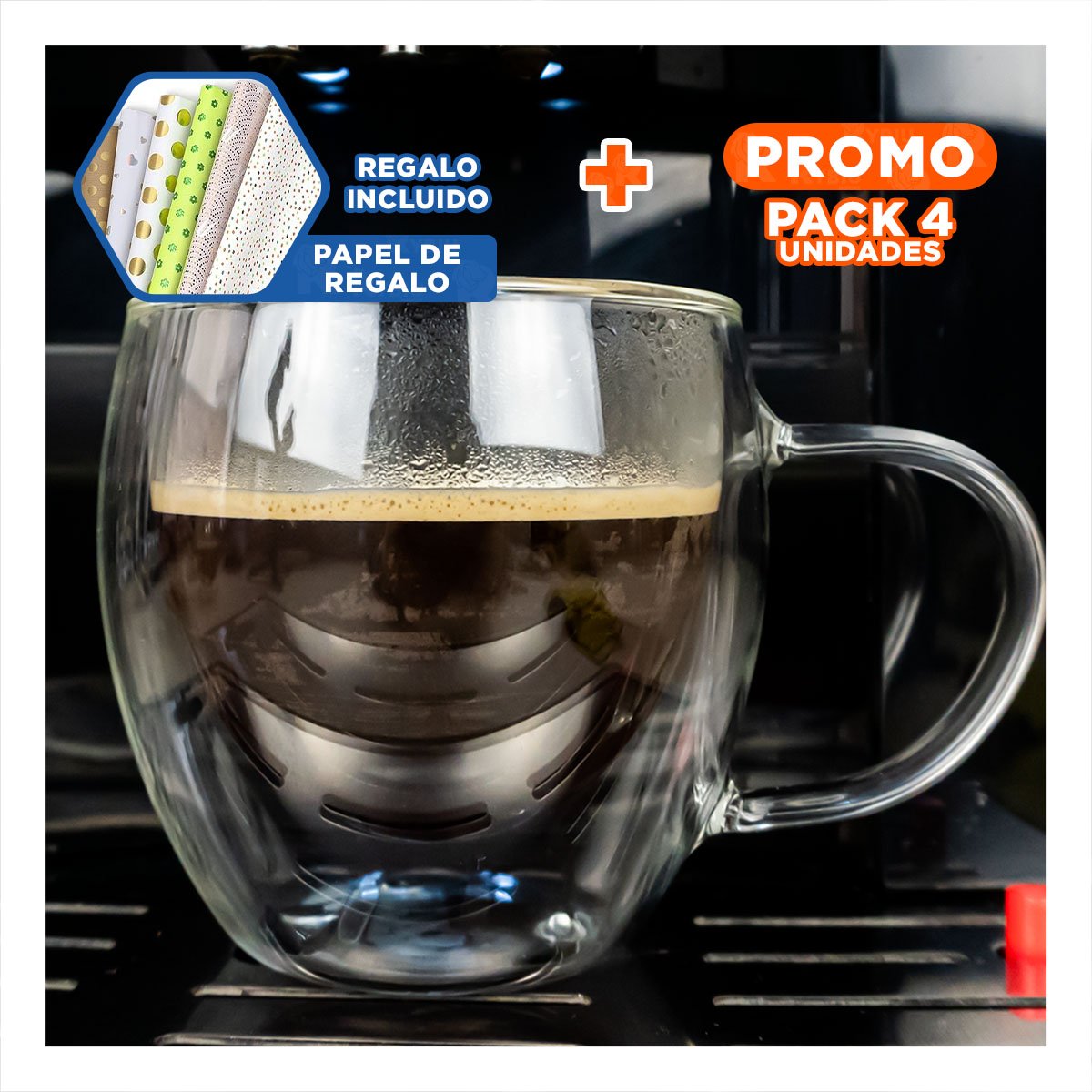 PACK4 TAZA TRANSPARENTE DE 80 ML CON ESPRESSO DOBLE CAPA ASA CUADRADA Y+PAPEL REGALO - 1