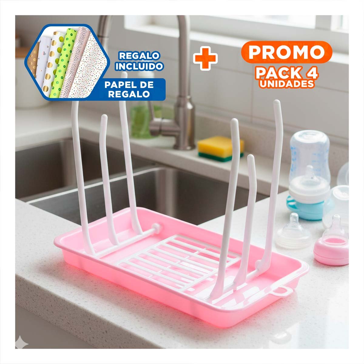 PACK4 PORTA BIBERONES PARA USO DIARIO BIBERONES Y VASOS ROSADO Y+PAPEL REGALO - 1