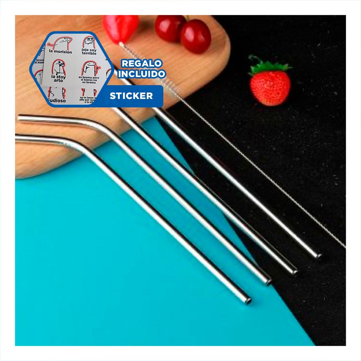 COMBO CEPILLO LIMPIA POPOTES Y 5 POPOTES EN ESTUCHE PLATEADO PARA USO DIARIO Y+REGALO STICKER - 1