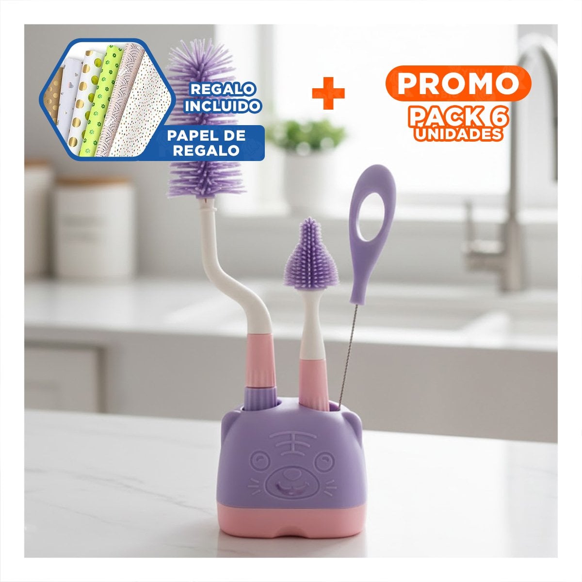 PACK6 ESCOBILLON SUAVE QUE PROTEGE TETINAS 4PZS BASE OSITO MORADO Y+PAPEL REGALO - 1