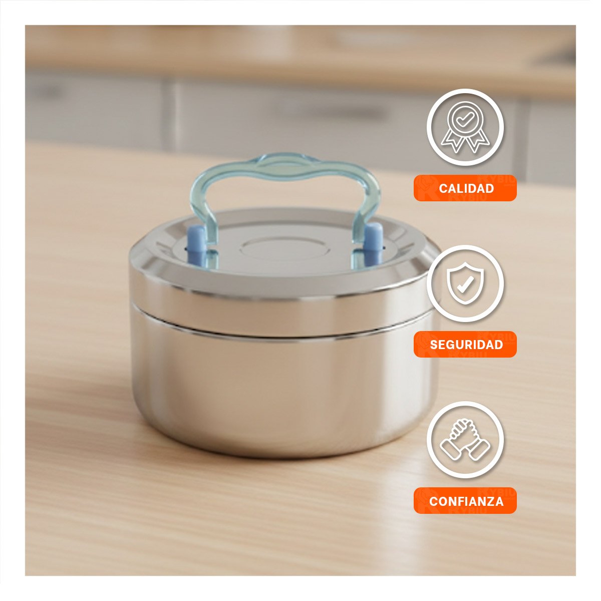 RECIPIENTE CIRCULAR CUADRADO 800ML PLATEADO Y CELESTE PARA COCINA ACTIVA Y+LIGAS REGALO - 2