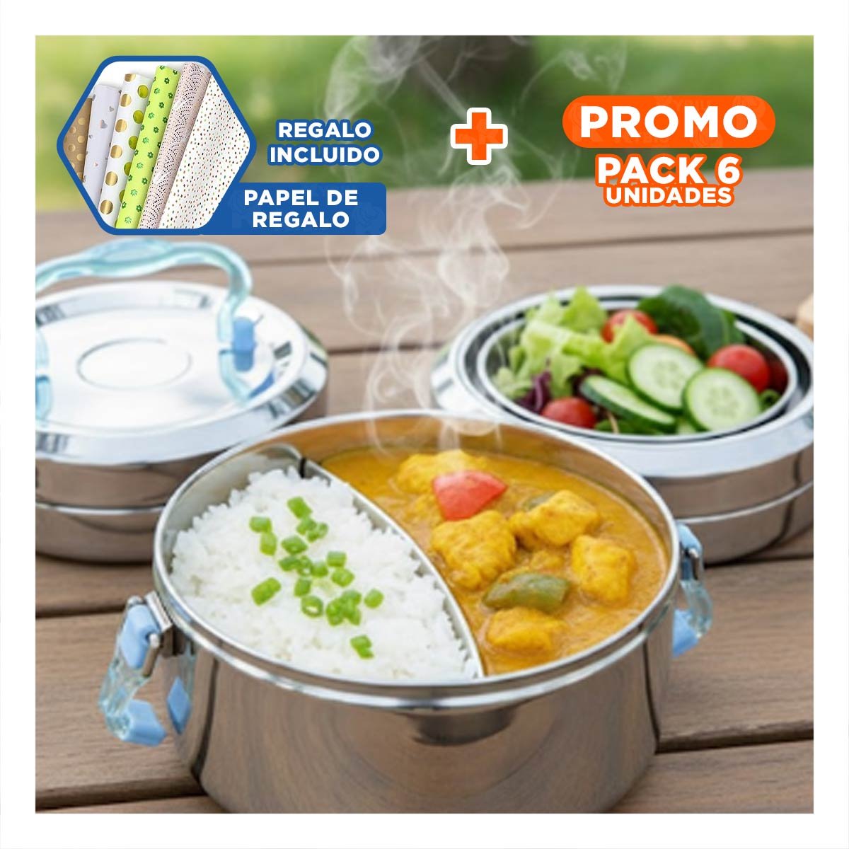 PACK6 CONTENEDOR EN ACERO DE 1000ML CIRCULAR CUADRADO PLATEADO Y CELESTE Y+PAPEL REGALO - 1