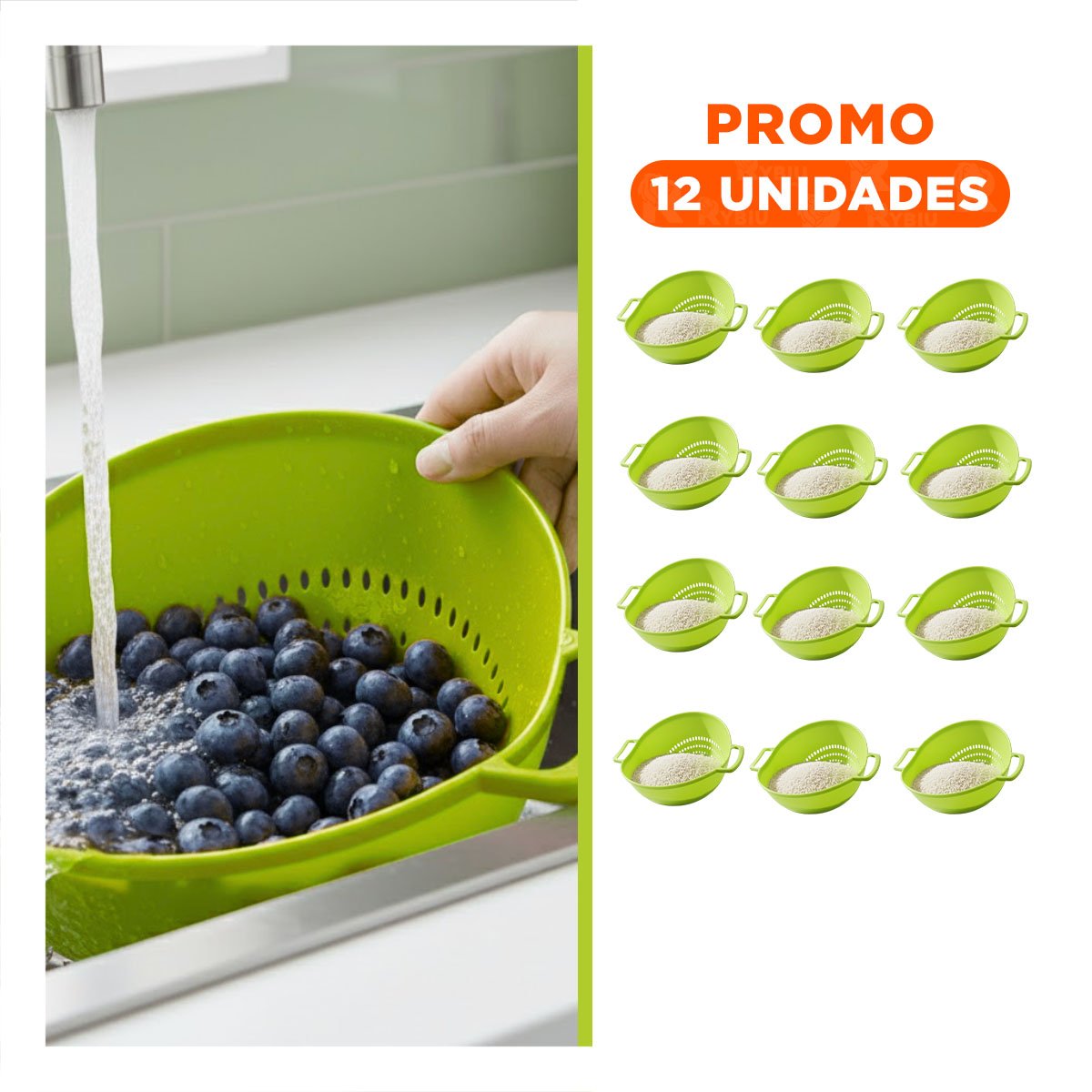 PACK12 SOPORTE ESCURRIDOR CELESTE PARA ARROZ CON ASAS 22,5X26,5CM COCINA Y+REGALO STICKER - 1