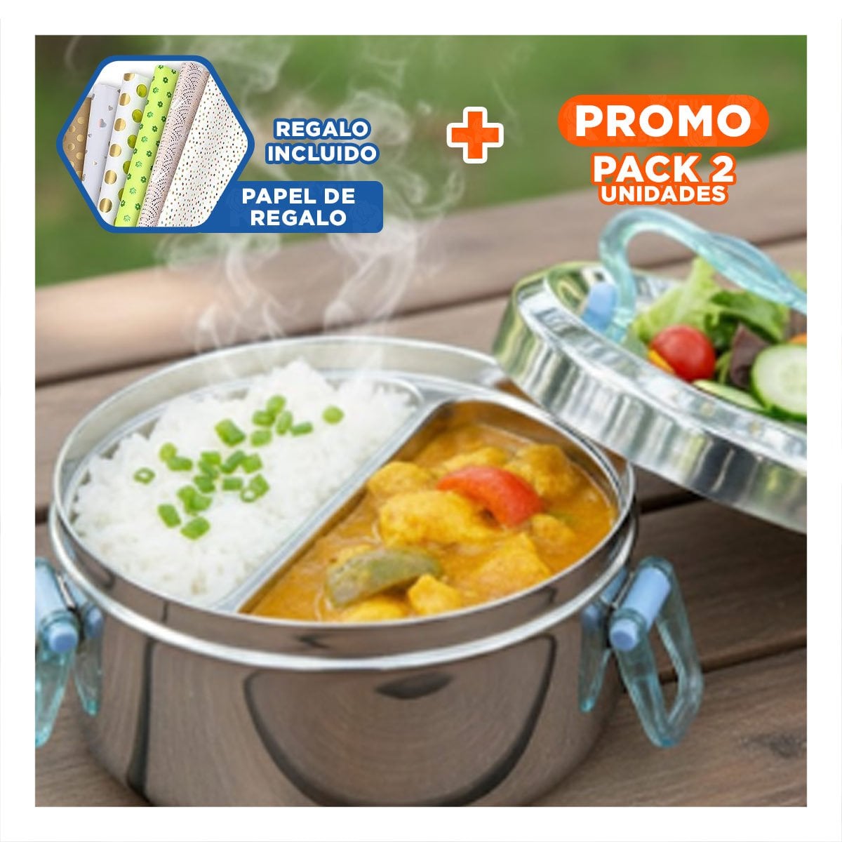 PACK2 ENVASE CIRCULAR CUADRADO 1000ML PLATEADO Y CELESTE CON PERFIL MODERNO Y+PAPEL REGALO - 1