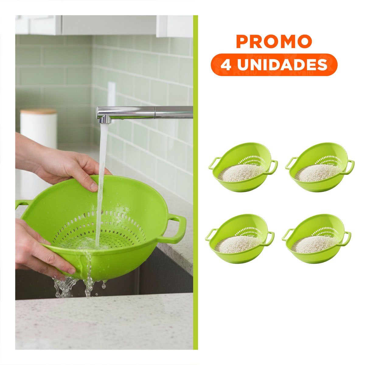 PACK4 CONTENEDOR ESCURRIDIZO CELESTE PARA ARROZ CON ASAS 22,5X26,5CM COCINA Y+REGALO STICKER - 1