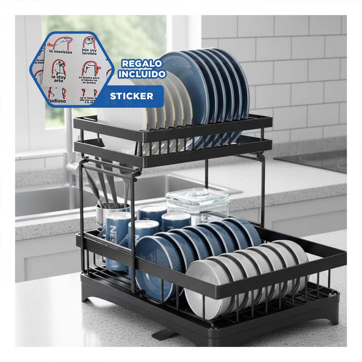 ORGANIZADOR NEGRO 2 NIVELES 42X30X32CM CON SEPARADORES PARA PLATOS GRANDES Y+REGALO STICKER - 1