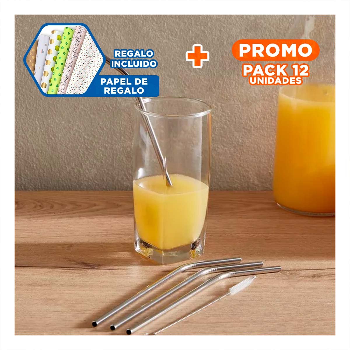 PACK12 KIT 5 POPOTES PLATEADO CON CEPILLO LIMPIA POPOTES Y ESTUCHE FUNCIONAL Y+PAPEL REGALO - 1