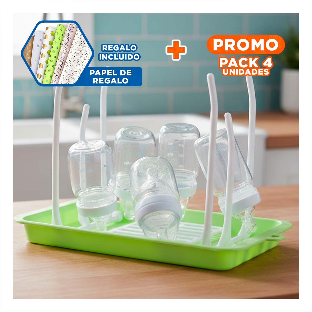PACK4 PORTA BIBERONES QUE PROTEGE BIBERONES MIENTRAS SE SECAN VERDE Y+PAPEL REGALO - 1