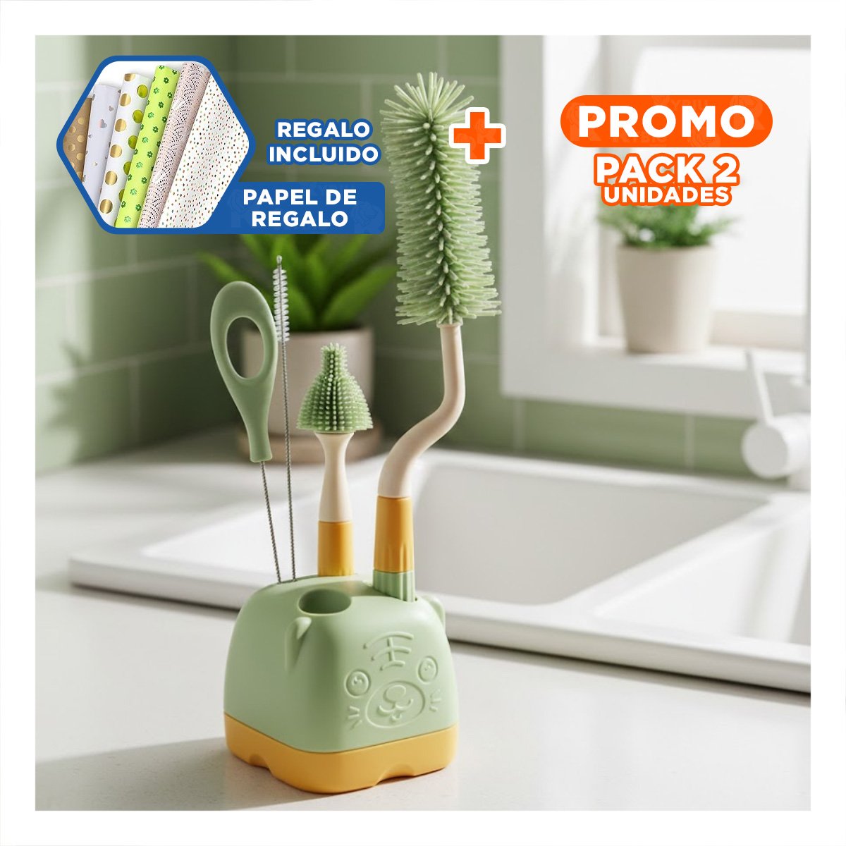PACK2 CONJUNTO BIBERON 4 PZS VERDE BASE OSITO PARA HIGIENE DE BIBERONES Y+PAPEL REGALO - 1