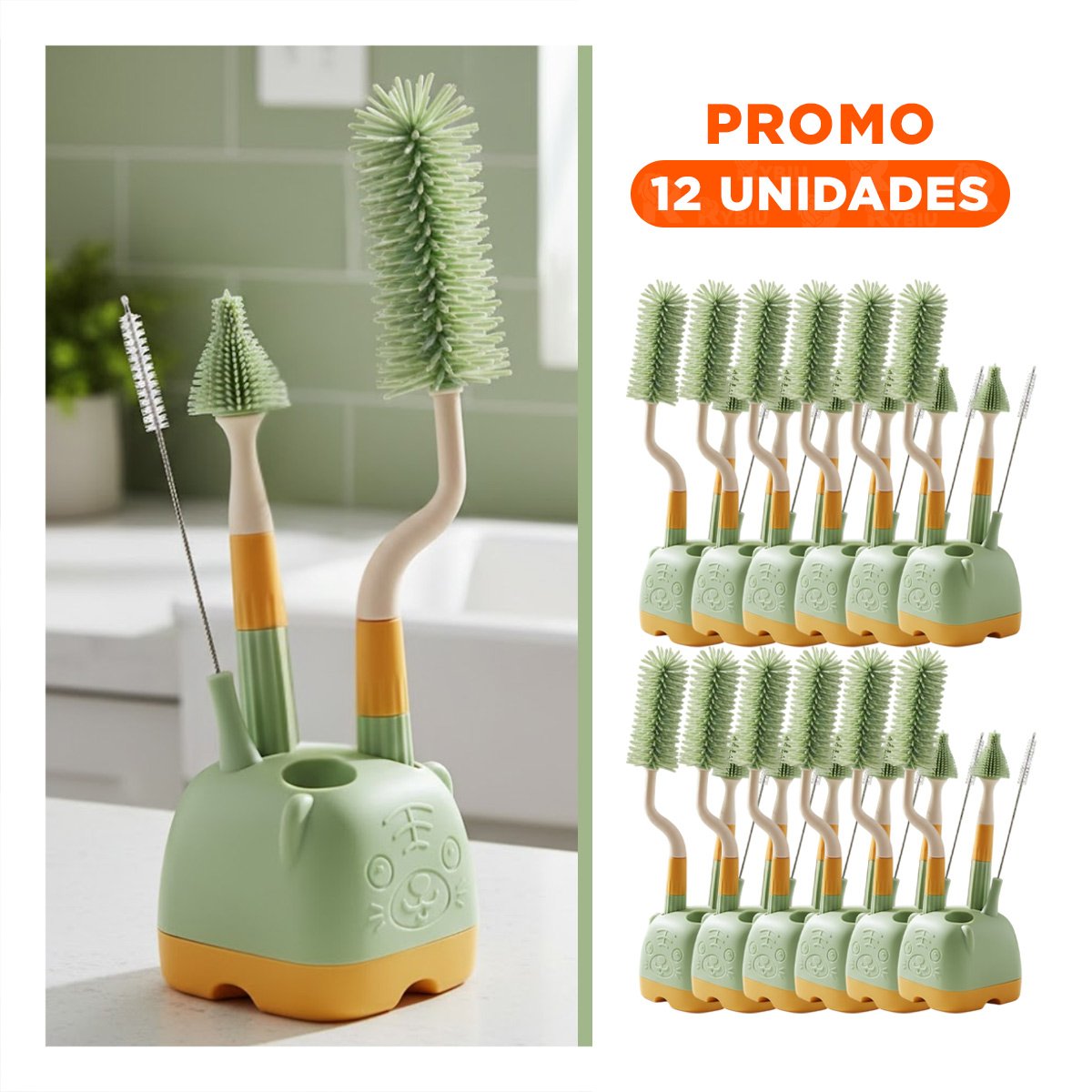 PACK12 UTENSILIOS LIMPIEZA 4 PZS VERDE BASE OSITO PARA LIMPIAR BIBERONES Y+REGALO STICKER - 1