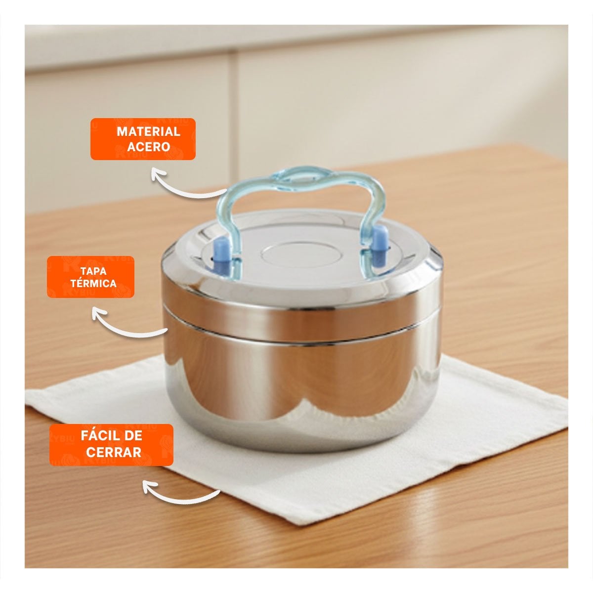 RECIPIENTE TERMICO PLATEADO Y CELESTE DE 800ML CON INTERIOR DE ACERO Y+POST IT - 2