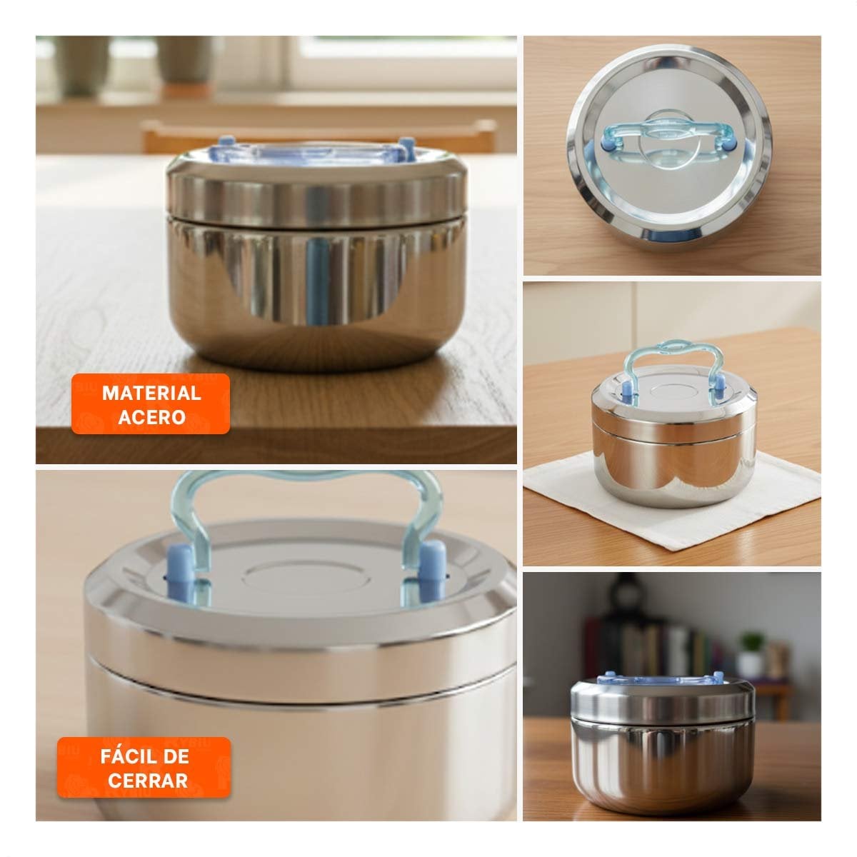RECIPIENTE TERMICO PLATEADO Y CELESTE DE 800ML CON INTERIOR DE ACERO Y+POST IT - 5