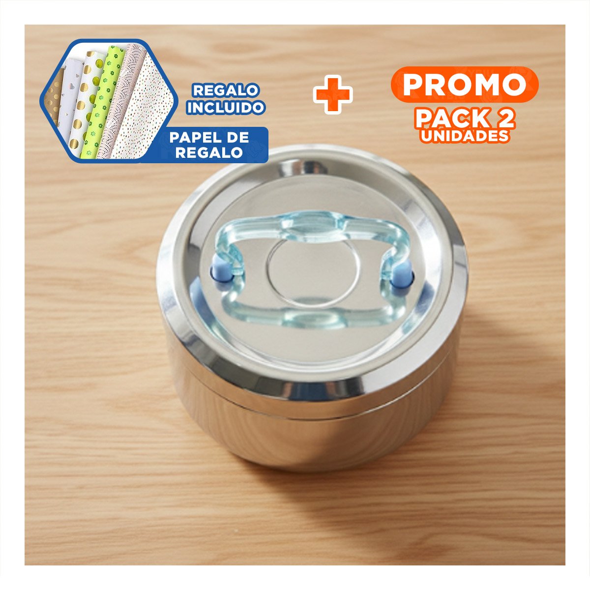 PACK2 ENVASE CIRCULAR CUADRADO 800ML PLATEADO Y CELESTE CON PERFIL MODERNO Y+PAPEL REGALO - 1