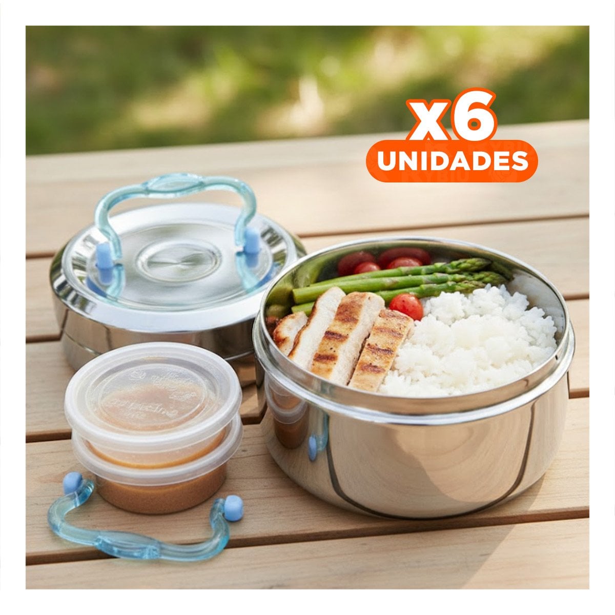 PACK6 CONTENEDOR PLATEADO Y CELESTE CIRCULAR CUADRADO CON CAPACIDAD DE 1200ML Y+REGALO STICKER - 1