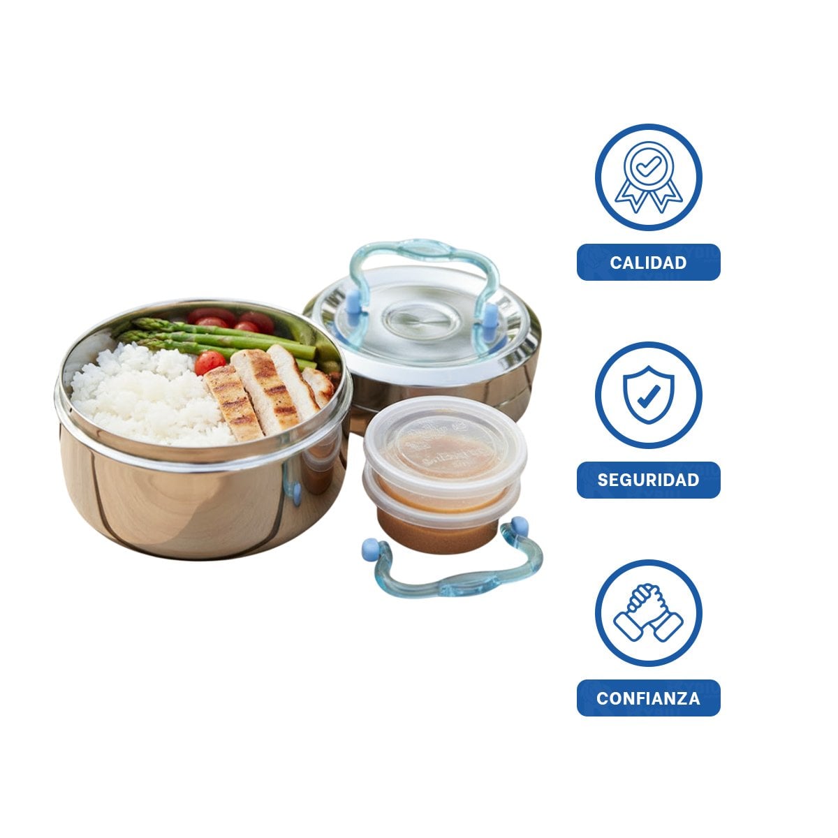 PACK6 CONTENEDOR PLATEADO Y CELESTE CIRCULAR CUADRADO CON CAPACIDAD DE 1200ML Y+REGALO STICKER - 2