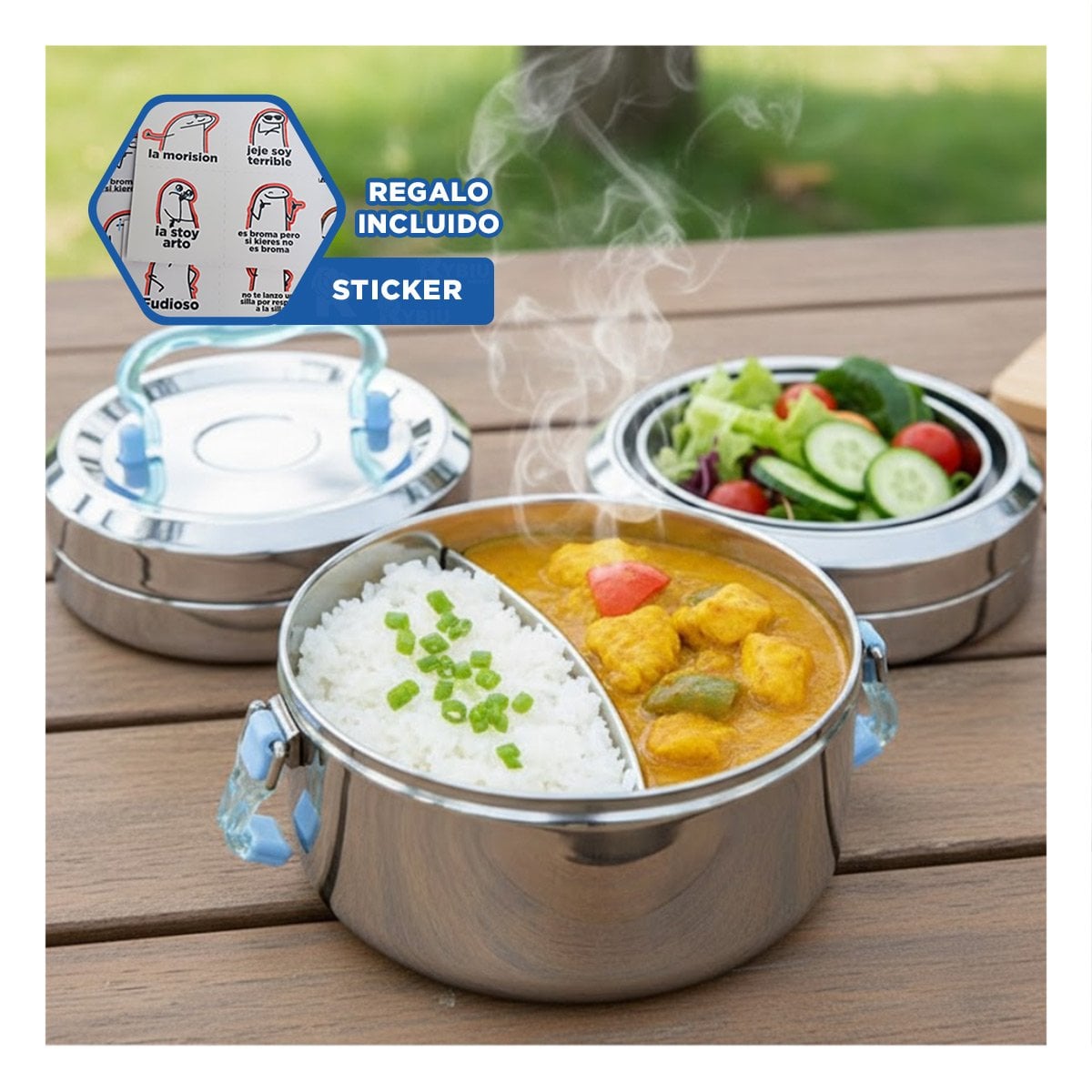 RECIPIENTE DE 1200ML EN ACERO PLATEADO Y CELESTE CON BASE CIRCULAR CUADRADO Y+REGALO STICKER - 1