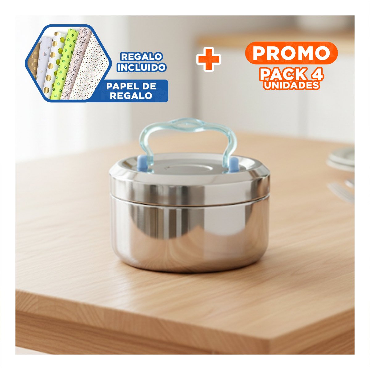 PACK4 TAPER EN ACERO DE 800ML PLATEADO Y CELESTE CIRCULAR CUADRADO PARA COCINA Y+PAPEL REGALO - 1