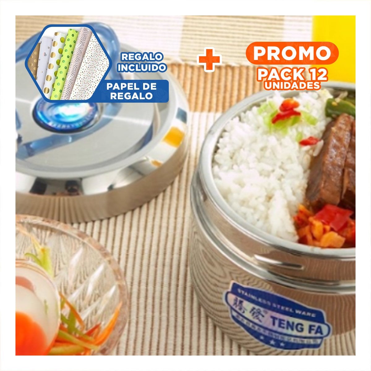 PACK12 CONTENEDOR CIRCULAR CUADRADO 1000ML PLATEADO Y CELESTE COMPACTA Y+PAPEL REGALO - 1