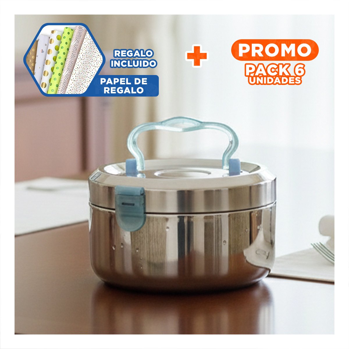 PACK6 CONTENEDOR EN ACERO DE 1200ML CIRCULAR CUADRADO PLATEADO Y CELESTE Y+PAPEL REGALO - 1