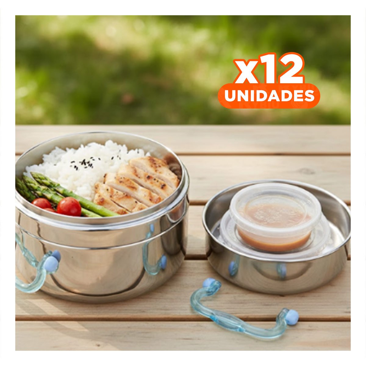PACK12 CONTENEDOR DE 1000ML EN ACERO PLATEADO Y CELESTE CON PERFIL CIRCULAR CUADRADO - 1