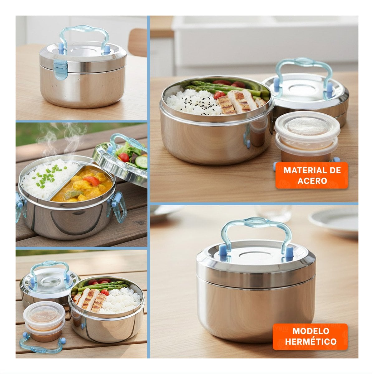 RECIPIENTE TERMICO PLATEADO Y CELESTE DE 1200ML CON INTERIOR DE ACERO Y+POST IT - 1