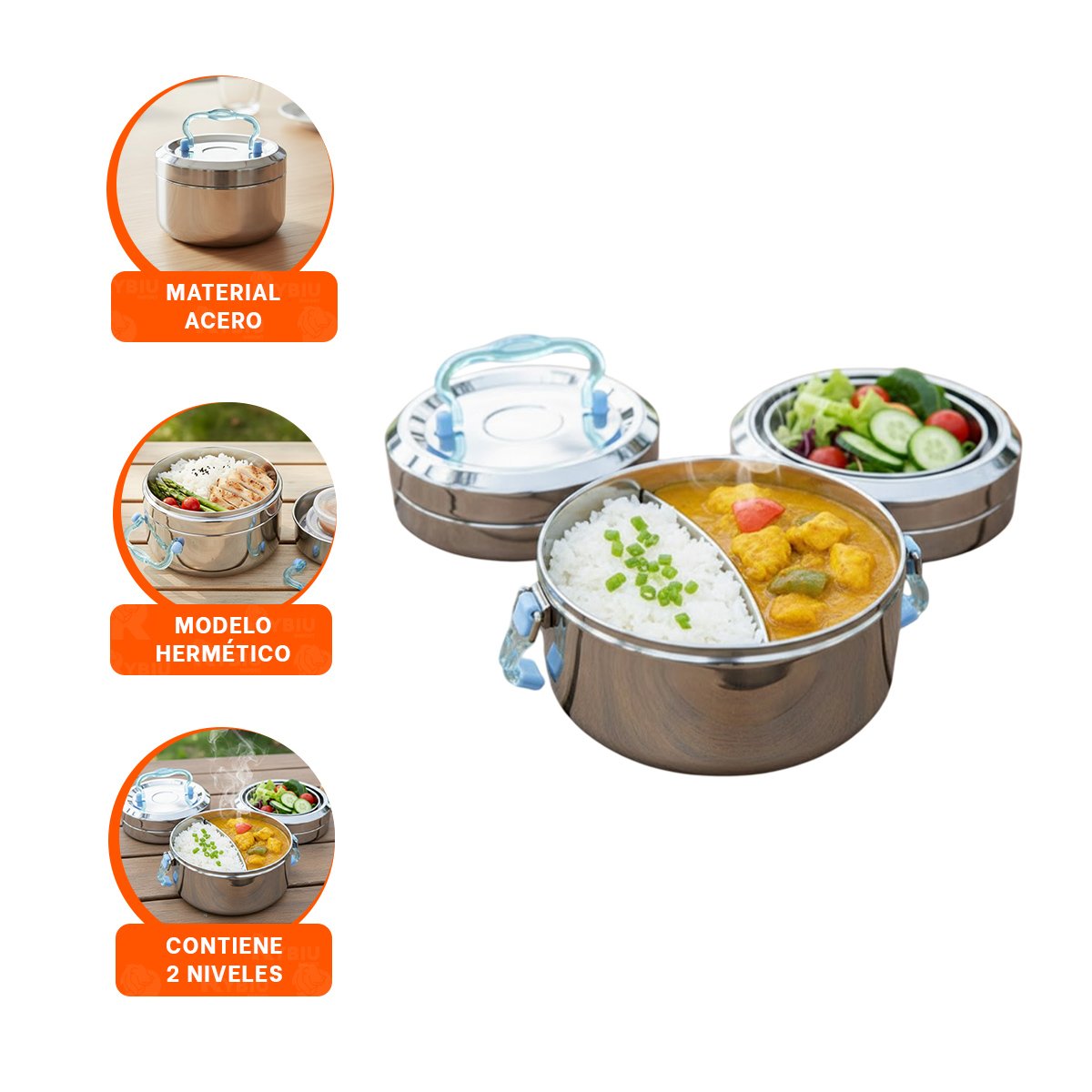 RECIPIENTE EN ACERO DE 1200ML CIRCULAR CUADRADO PLATEADO Y CELESTE COMPACTO - 3