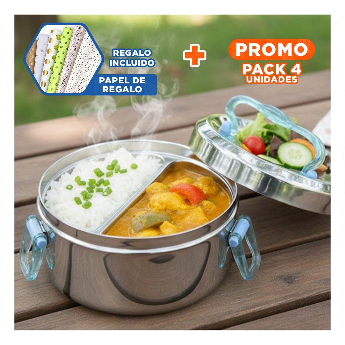 PACK4 TAPER EN ACERO DE 1200ML PLATEADO Y CELESTE CIRCULAR CUADRADO PARA COCINA Y+PAPEL REGALO - 1