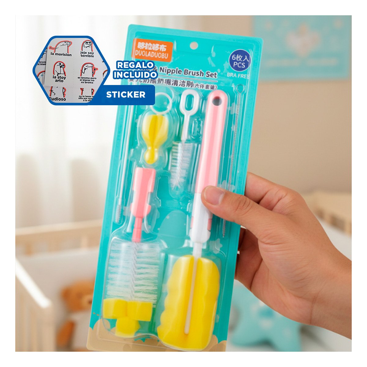 CEPILLO SUAVE QUE LLEGA A RINCONES PEQUENOS DE BIBERONES 6PZS BASE ROSADO Y+REGALO STICKER - 1
