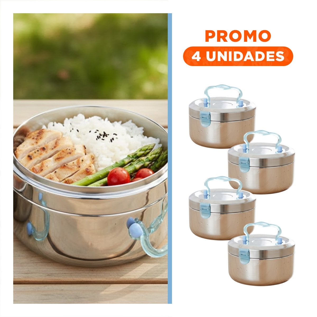 PACK4 ENVASE DE 1200ML EN ACERO PLATEADO Y CELESTE CON BASE CIRCULAR CUADRADO Y+REGALO STICKER - 1