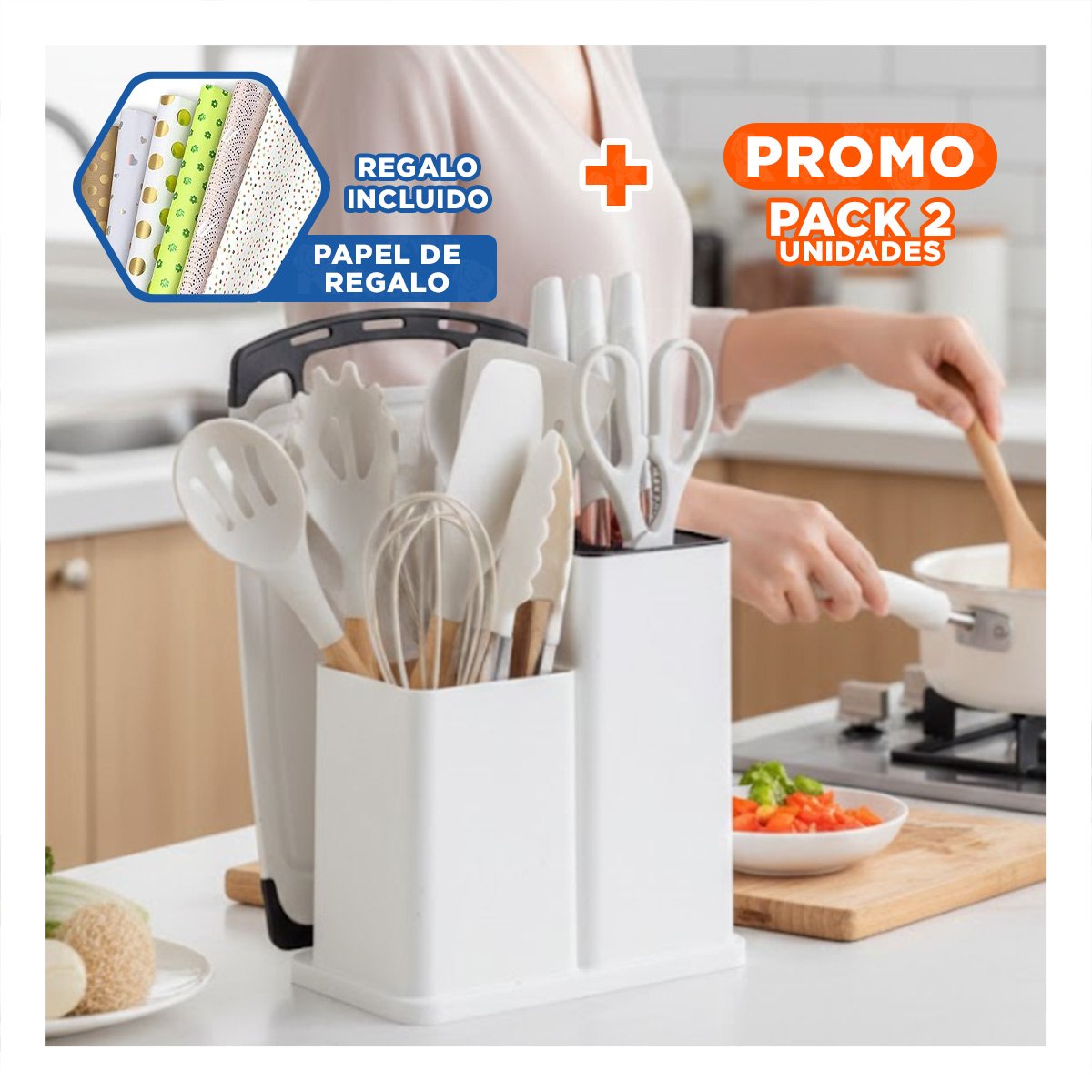 PACK2 SET DE 18 PIEZAS EN BLANCO DE SILICONA Y MADERA PARA PREPARACIONES Y+PAPEL REGALO - 1