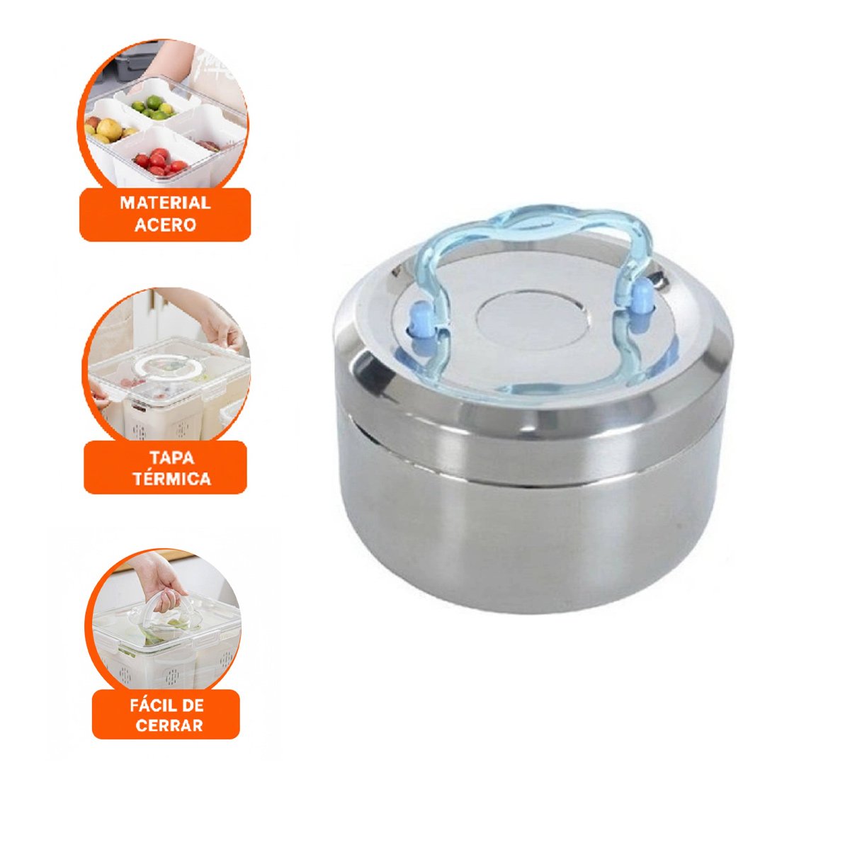 RECIPIENTE EN ACERO DE 800ML CIRCULAR CUADRADO PLATEADO Y CELESTE COMPACTO - 3
