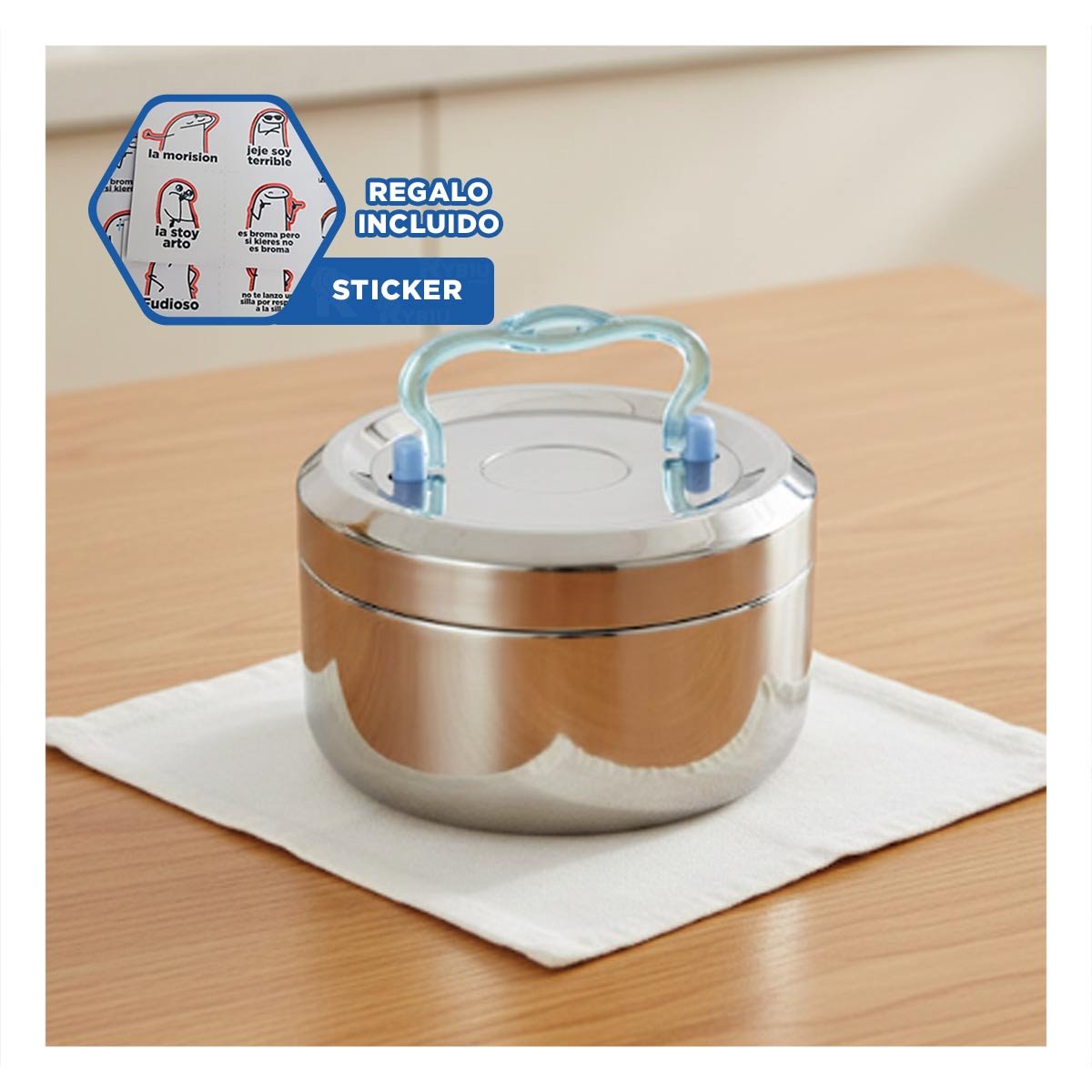 RECIPIENTE DE 800ML EN ACERO PLATEADO Y CELESTE CON BASE CIRCULAR CUADRADO Y+REGALO STICKER - 1