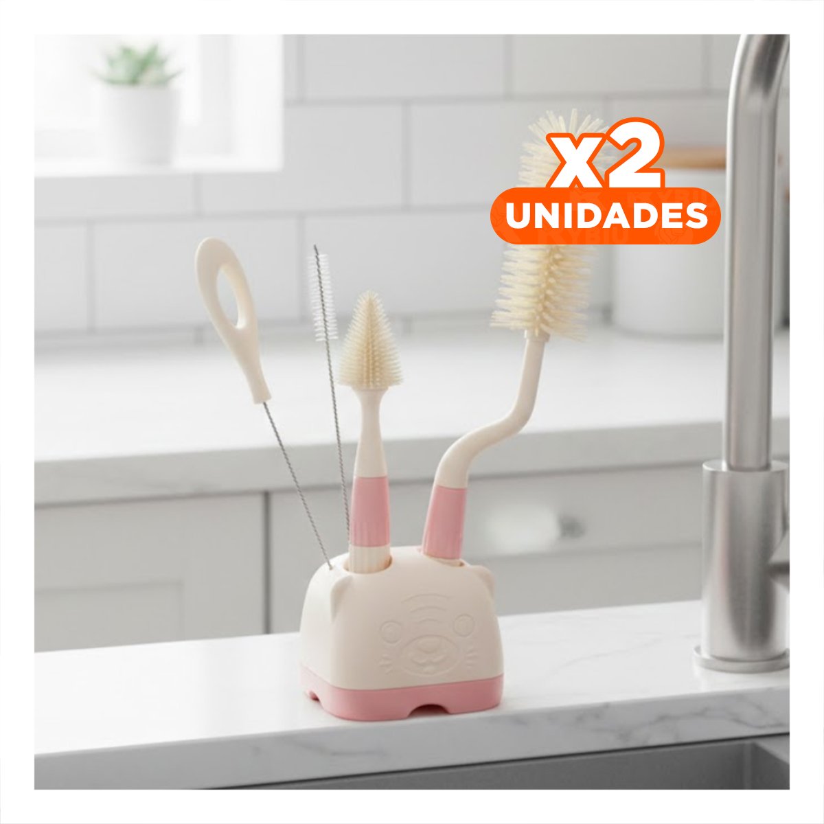 PACK2 BROCHA CON SOPORTE PARA FACIL ORGANIZACION 4PZS BASE OSITO ROSADO Y+REGALO STICKER - 1