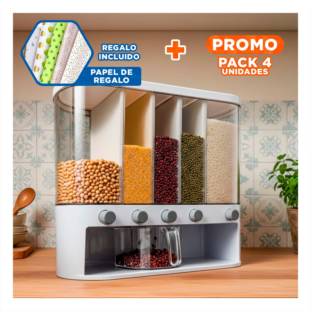 PACK4 DISPENSADOR BLANCO TRANSPARENTE OVALADO 10L PARA CONSERVACION DE GRANOS Y+PAPEL REGALO - 1