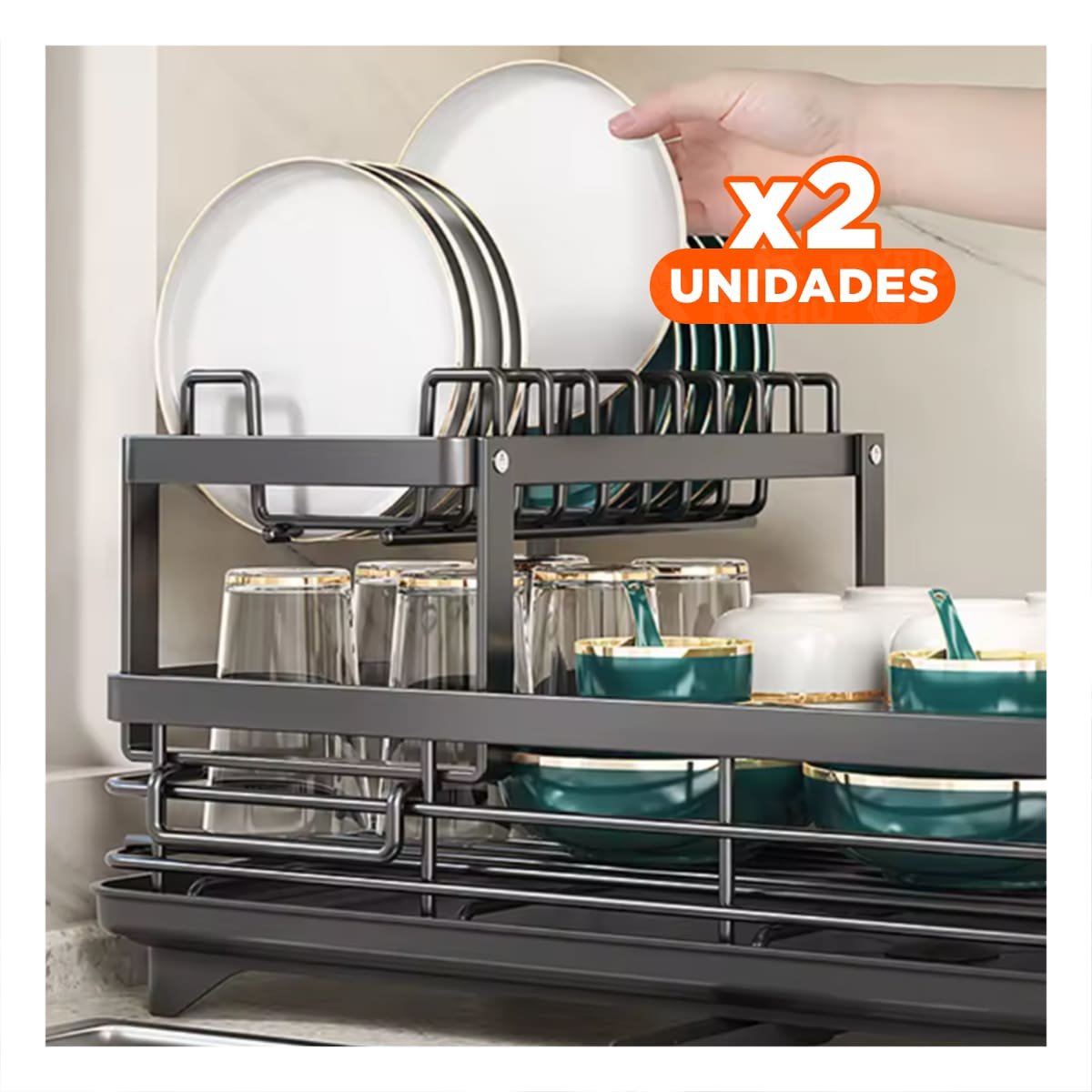 PACK2 SOPORTE NEGRO 2 NIVELES 42X30X32CM PARA ESCURRIR PLATOS Y VASOS DIARIOS Y+REGALO STICKER - 1