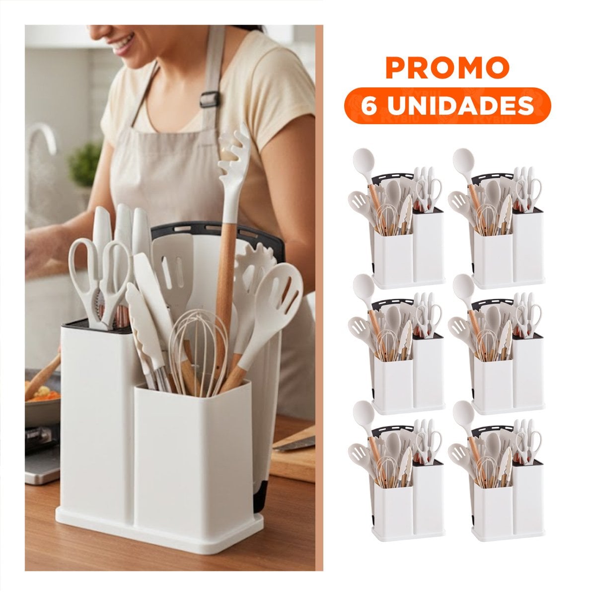 PACK6 EQUIPO DOMESTICO DE COCINA CON 18 PIEZAS BLANCO EN SILICONA Y MADERA - 1