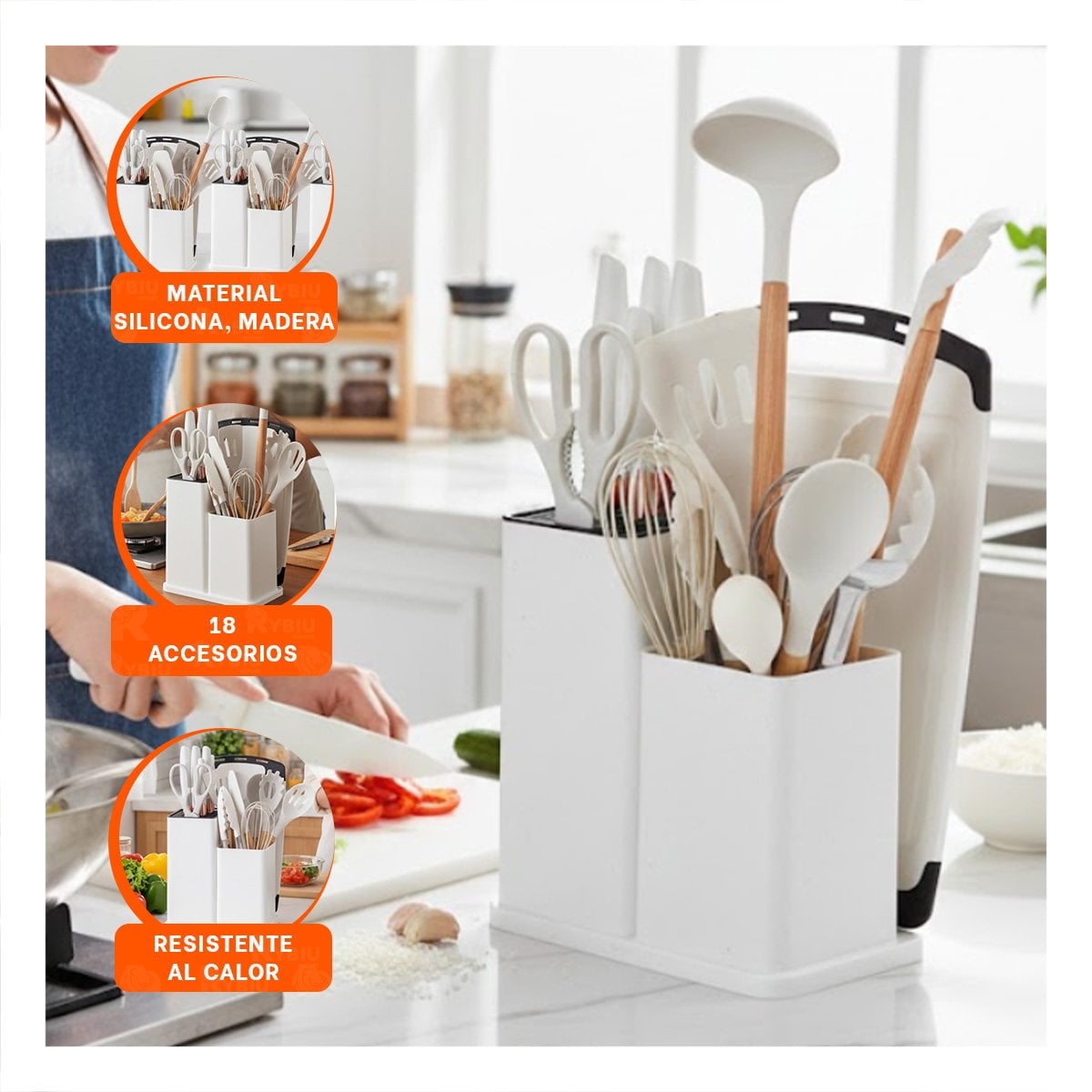 PACK6 EQUIPO DOMESTICO DE COCINA CON 18 PIEZAS BLANCO EN SILICONA Y MADERA - 5